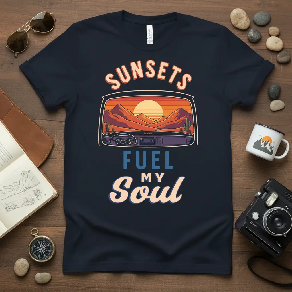 Sunsets Fuel My Soul quote t-shirt design with desert sunset view through car window graphic