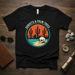 Sunsets & Palm Trees quote with a skull graphic on a black t-shirt, featuring desert cacti and a sunset scene