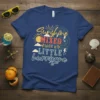 Sunshine MIXED WITH a LITTLE hurricane quote on a navy blue t-shirt, featuring sun, clouds, and storm graphics