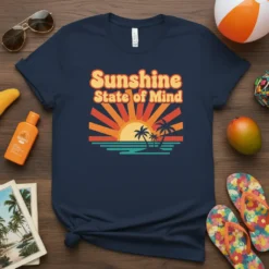Sunshine State of Mind retro design with a sunset, palm trees, and ocean waves on a navy t-shirt