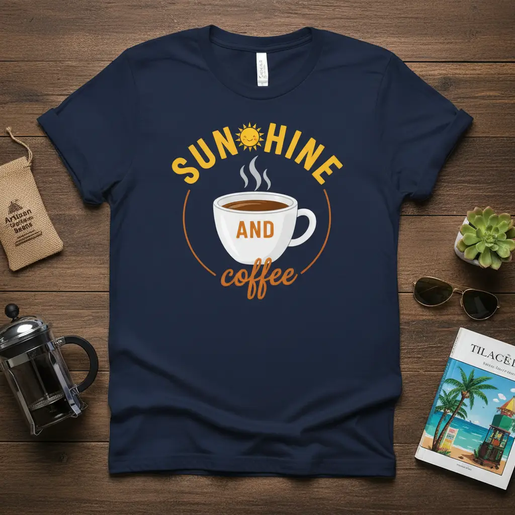 SUNSHINE AND coffee text with a smiling sun and steaming coffee cup graphic on a navy t-shirt
