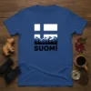 Suomi Finland landscape t-shirt with Finnish flag, mountains, and trees graphic