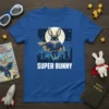 Super Bunny t-shirt design featuring a rabbit in a superhero costume flying over a city skyline at night