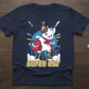 Super Cat T-Shirt featuring a cartoon superhero cat in a red cape flying over a city skyline with "SUPER CAT"