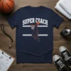 Navy t-shirt with "SUPER COACH" in white block letters above a basketball player dunking