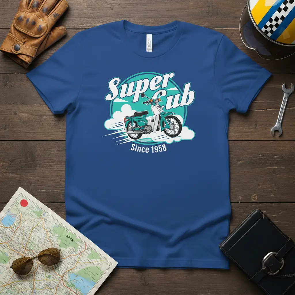 Super Cub Since 1958 vintage motorcycle design with retro scooter graphic and stylized clouds