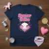 Super Cute text with a kawaii white puppy wearing a crown sitting on a heart, on a navy blue t-shirt