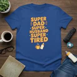 Super Dad Super Husband Super Tired graphic tee with yellow text and baby icons