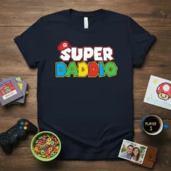 Super Daddio text in retro video game font on a navy t-shirt, inspired by Super Mario Bros