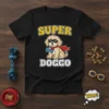 Super Doggo T-Shirt with a cartoon dog wearing a superhero cape and mask, holding a bone