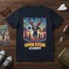 Super Flyers Academy T-Shirt design featuring a cartoon superhero flying over a city skyline with lightning