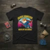 Super Hamster Hero of the Wheel t-shirt design with a hamster in a superhero costume flying against a retro sunset