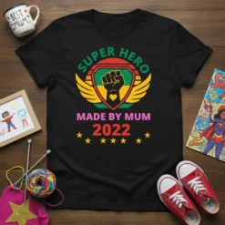 Black t-shirt with "SUPER HERO MADE BY MUM 2022" text and a shield graphic featuring a raised fist with a