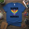 Super Heroes t-shirt design with a muscular figure wearing a rainbow cape and the words SUPER HEROES in bold black