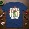 Super Hot Pepper t-shirt design featuring a cartoon chili pepper with sunglasses and flames