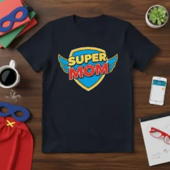 Super Mom shield graphic t-shirt in navy blue, featuring bold yellow and red text with blue wings