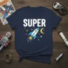 Navy t-shirt with the word SUPER in white and a cartoon rocket blasting off with stars and a moon