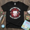 Super Smile Squad Healthy Hearts Club text design with a cartoon tooth character holding a toothbrush, surrounded by red and