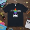 Super Talented Star Academic Achievers ROCK! t-shirt with a rainbow rocket graphic and white text