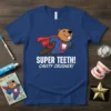 Super Teeth! Cavity Crusher! T-Shirt design with a cartoon superhero beaver flying, wearing a cape and a tooth logo