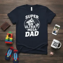 Super Ultra Mega Dad t-shirt design with superhero graphic and text in white on a navy shirt