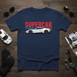 Supercar text graphic with a white sports car illustration and speed lines on a navy blue t-shirt