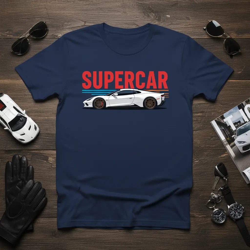 Supercar text graphic with white sports car illustration and speed lines on a navy blue t-shirt design
