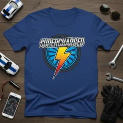 Supercharged text with a yellow and red lightning bolt inside a blue and black tire graphic on a navy blue