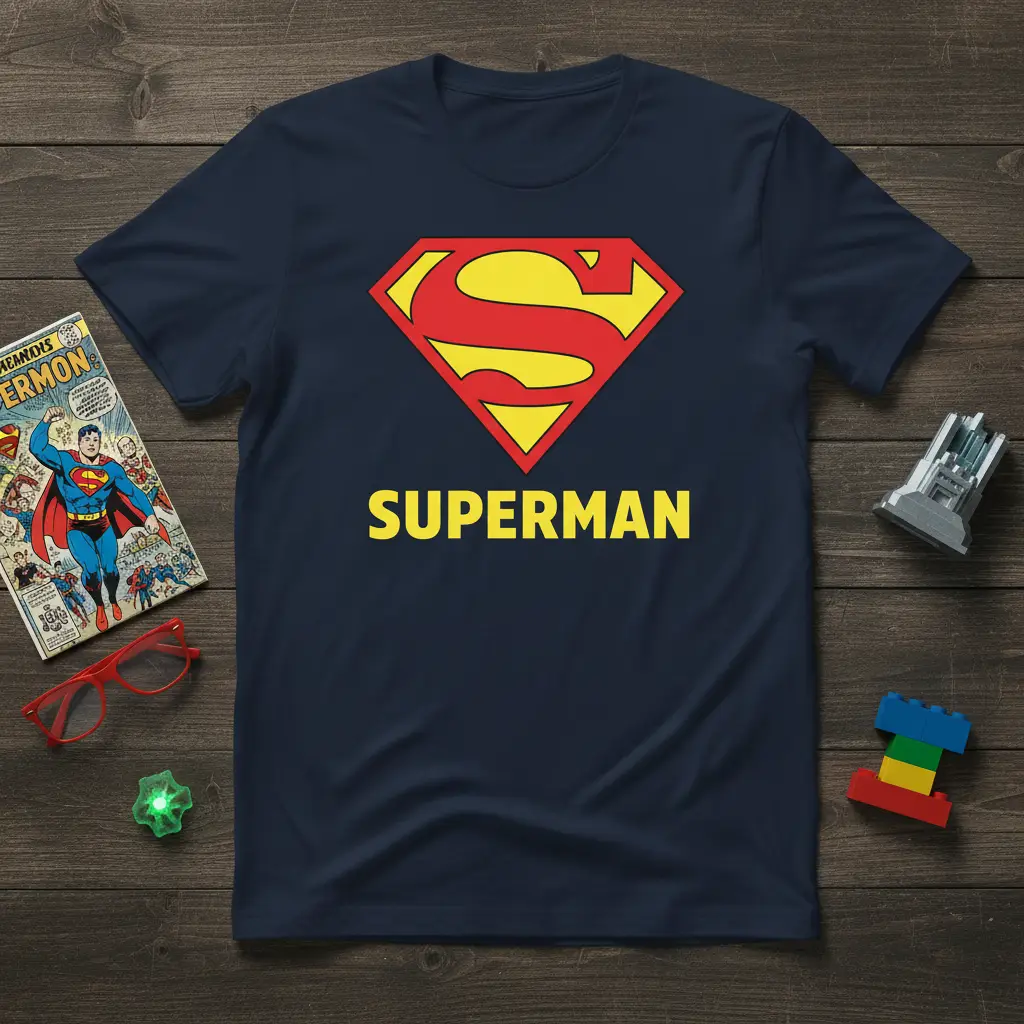 Classic Superman S shield logo in red and yellow on a navy blue t-shirt