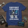 Support Catgirl Research anime t-shirt with a futuristic catgirl graphic and Japanese text