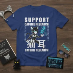 Support Catgirl Research anime t-shirt with a futuristic catgirl graphic and Japanese text