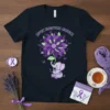 Support Endometriosis Awareness t-shirt with a cute elephant holding a purple flower with ribbons and butterflies