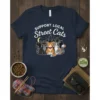 Support Local Street Cats t-shirt design featuring three cute cats and a cityscape graphic