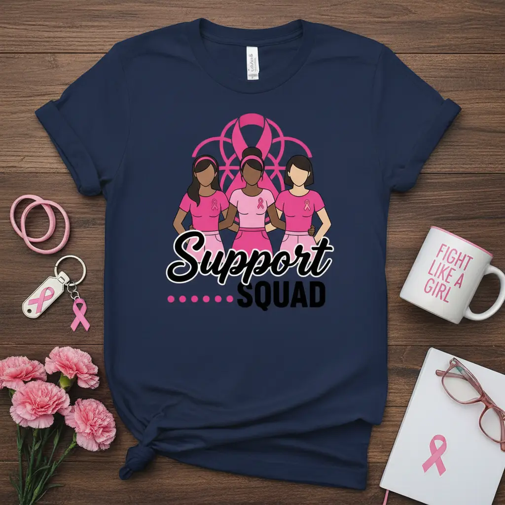 Support SQUAD t-shirt design with three diverse women linked together, promoting breast cancer awareness and unity