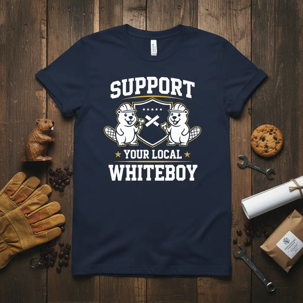 Support Your Local Whiteboy t-shirt design with beaver graphic and community slogan