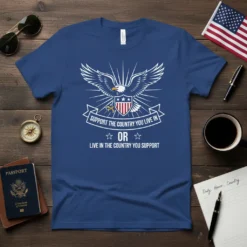 Patriotic T-Shirt with eagle graphic and the text "Support the Country You Live In Or Live In The Country You