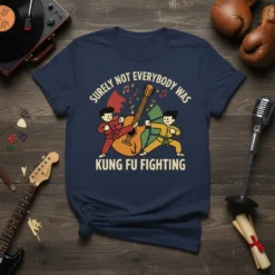 Surely Not Everybody Was Kung Fu Fighting text with cartoon figures playing guitar and doing karate poses, on a navy