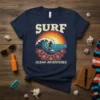 Surf Ocean Adventures t-shirt design featuring a surfer on a wave with a retro sunset and mandala pattern