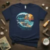 Surf Sleep Eat Repeat t-shirt design featuring a skeleton surfer riding a wave at sunset