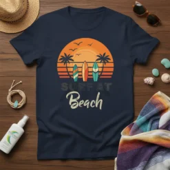 Retro sunset graphic with surfboards and text "SURF AT Beach" on a navy blue t-shirt