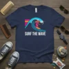 Surf The Wave t-shirt design featuring a surfer riding a stylized wave with colorful stripes