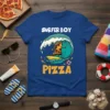 Surfer Boy Pizza T-Shirt featuring a slice of pizza surfing a wave, with bold white text above and orange text