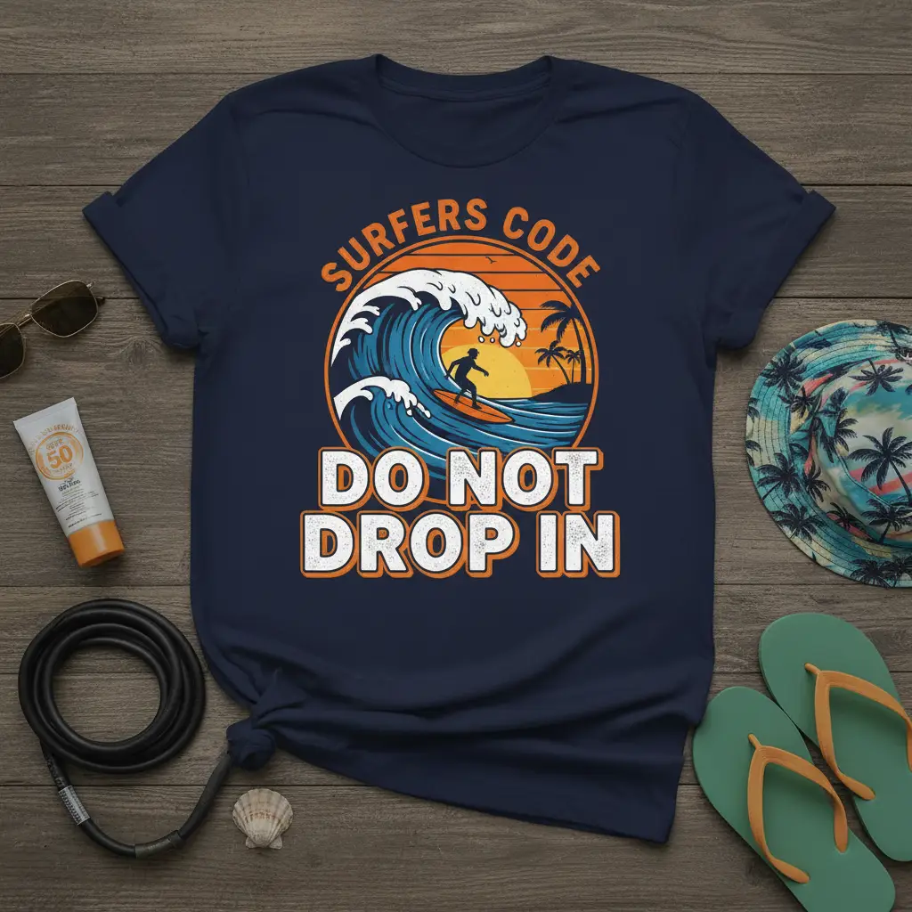 Surfers Code Do Not Drop In graphic tee featuring a surfer catching a large wave at sunset