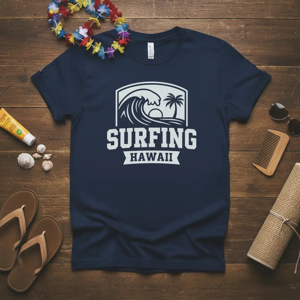Surfing Hawaii t-shirt design with a classic wave and palm tree graphic, perfect for beach lovers