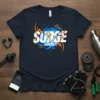 Surge Energy graphic t-shirt in white and blue with orange lightning accents, designed for fitness and gym activities