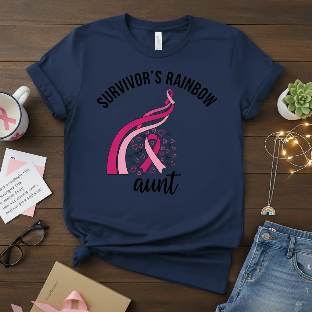 Survivor's Rainbow Aunt t-shirt design featuring elegant typography and a pink ribbon rainbow graphic