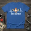Sushi Heartbeat T-Shirt featuring a muscular cat lifting sushi weights with a heartbeat EKG line