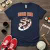 Sushi Run t-shirt design featuring cartoon sushi characters running a race, with text "SUSHI RUN" and a race flag saying