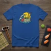 Sushi wave graphic t-shirt design featuring sushi rolls, sashimi, and a breaking wave under a yellow sun