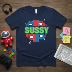 Navy blue t-shirt with the word SUSSY in green text, surrounded by red and blue character heads from the game
